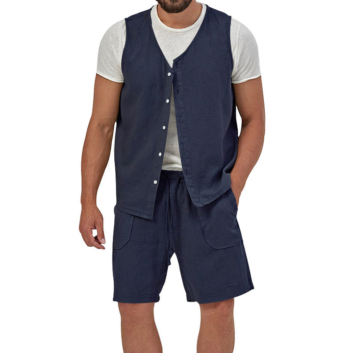 Men's two-piece leisure set with sleeveless button vest and wide drawstring shorts with patch pockets Mune Fashion