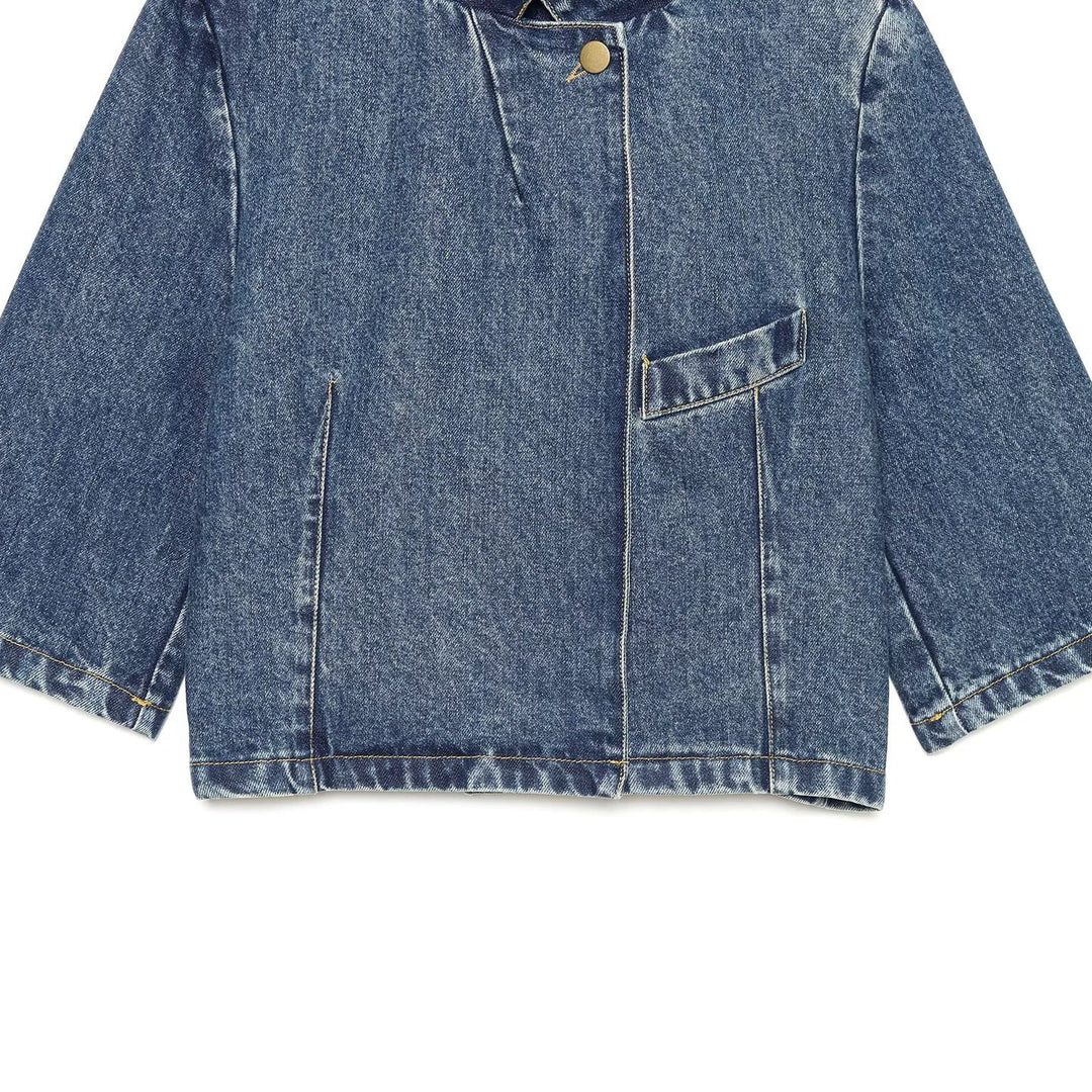 Women's Boxy Cropped Denim Jacket with Stand Collar and Three-Quarter Sleeves Mune Fashion