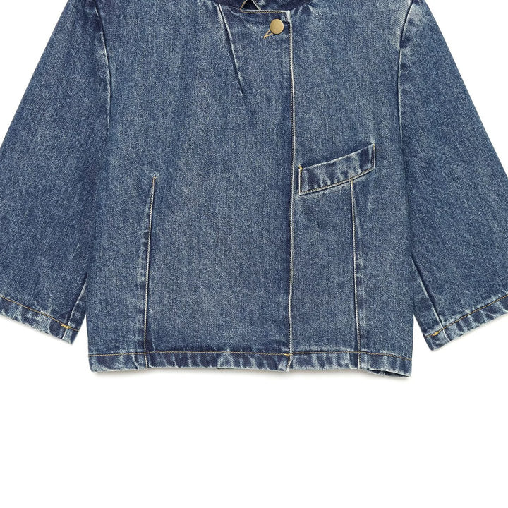 Women's Boxy Cropped Denim Jacket with Stand Collar and Three-Quarter Sleeves Mune Fashion