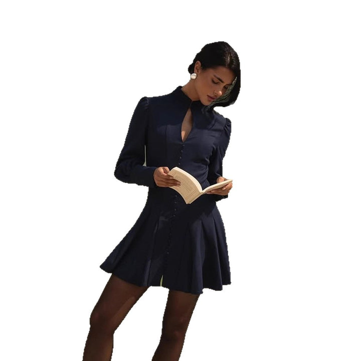 Women's Tailored Skater Mini Dress with Stand Collar, Button Placket and Keyhole Detail Mune Fashion