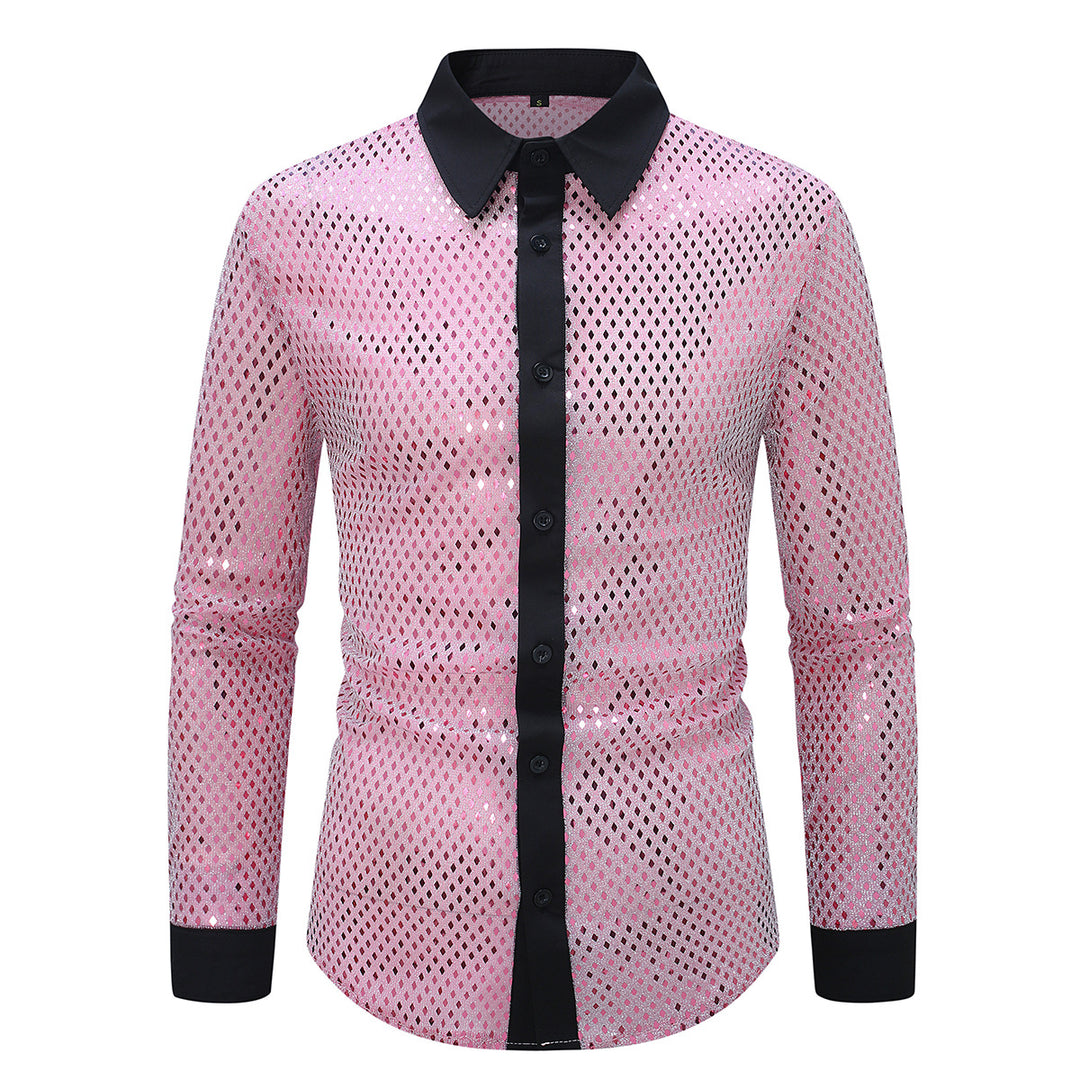 Men's shimmering mesh shirt with contrast button placket and stand-up collar Mune Fashion