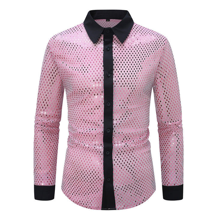 Men's shimmering mesh shirt with contrast button placket and stand-up collar Mune Fashion