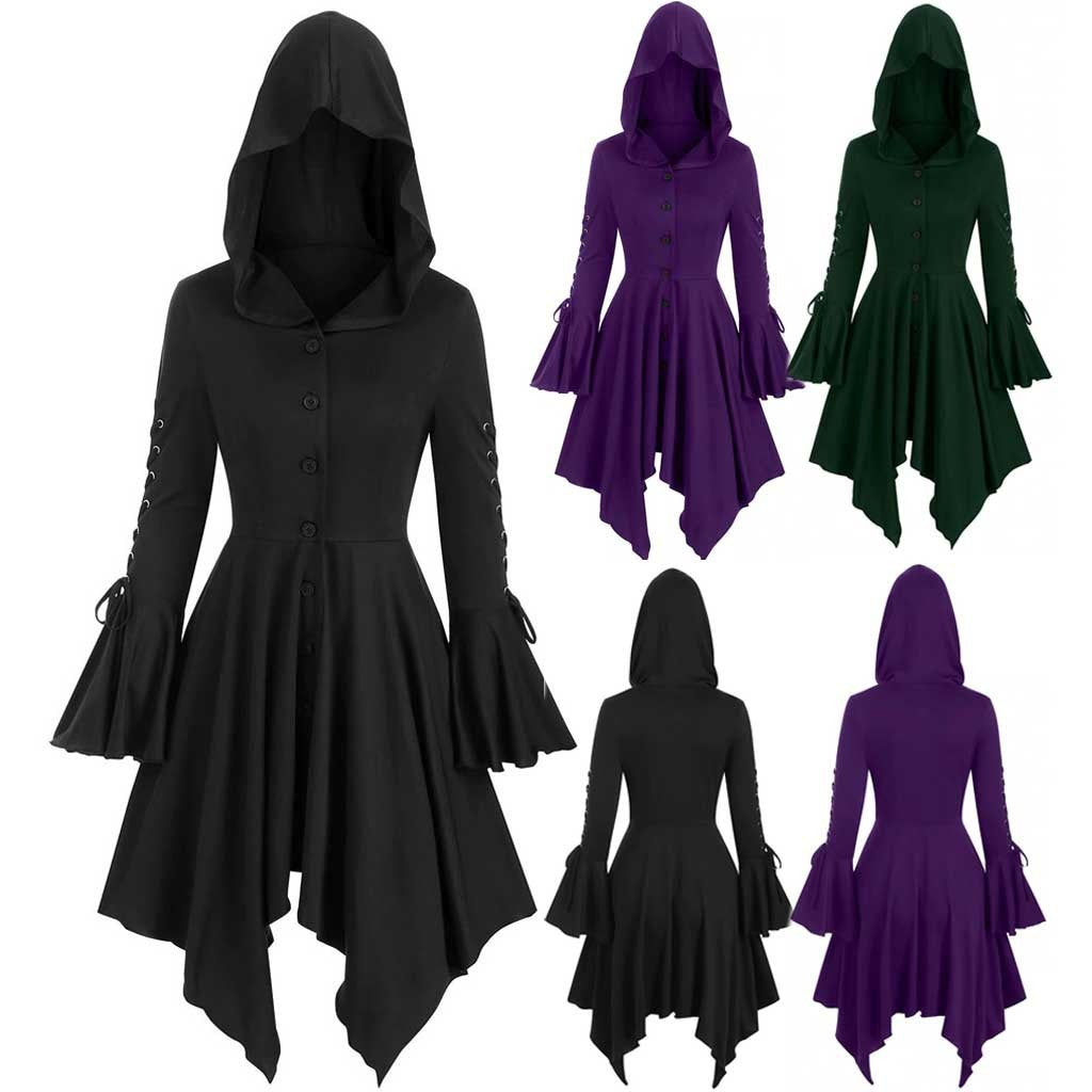 Women's Hooded Dress Coat with Asymmetric Turtleneck Hem and Tied Bell Sleeves Mune Fashion