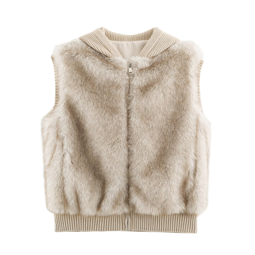 Women Faux Fur Vest with Zipper, Ribbed Collar and Elastic Cuffs Mune Fashion