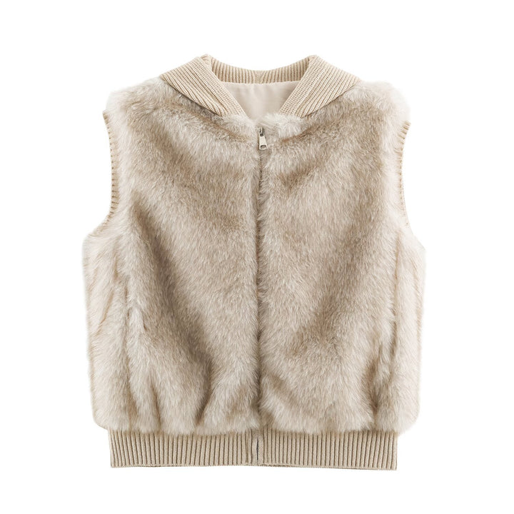 Women Faux Fur Vest with Zipper, Ribbed Collar and Elastic Cuffs Mune Fashion