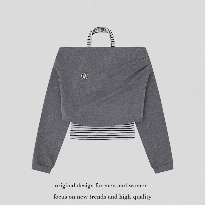 Women's Cropped Layered Hoodie with Integrated Striped Under-Shirt, Hood and Casual Raglan Cut