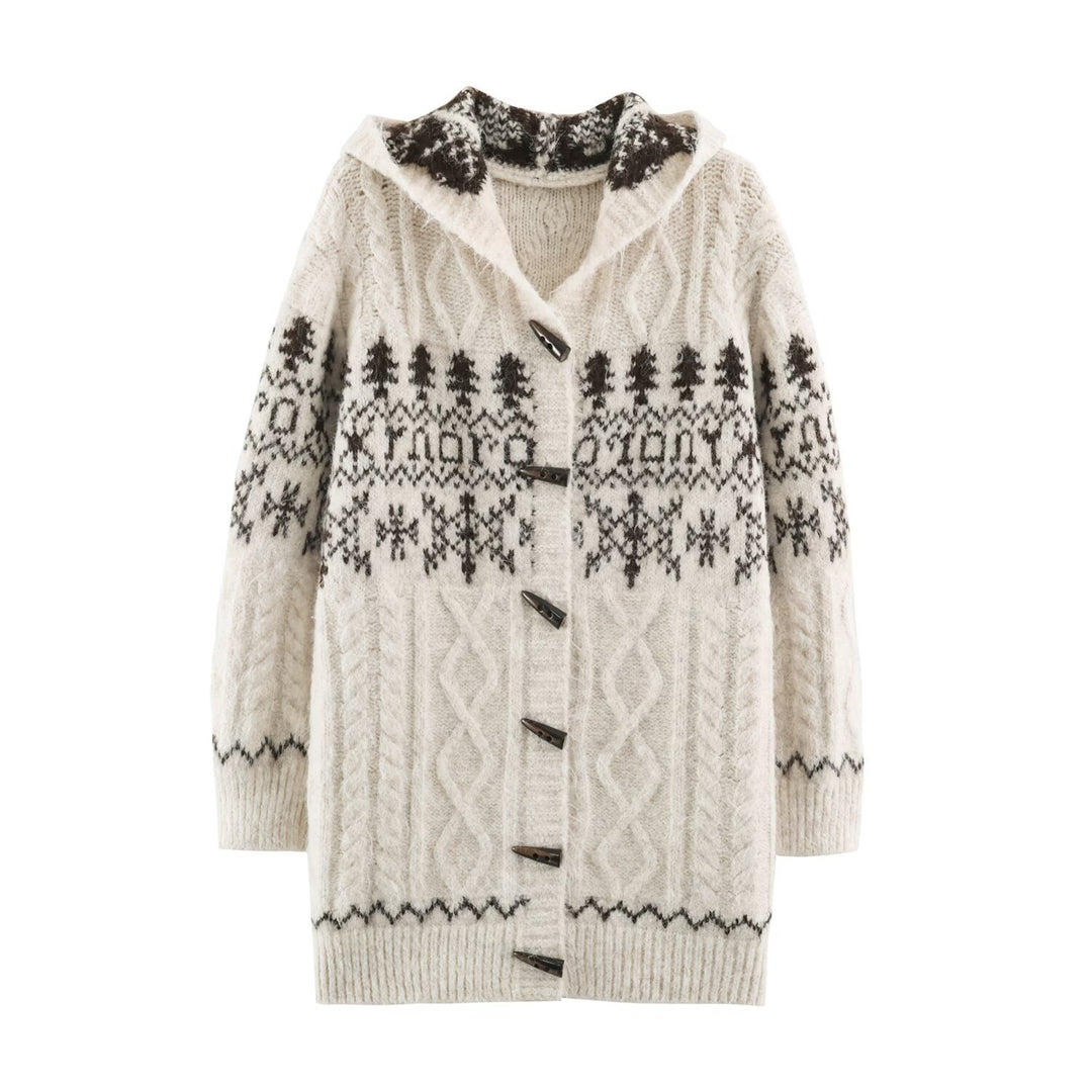 Women's Coarse Knit Hooded Cardigan with Horn Buttons and Norwegian Pattern Mune Fashion