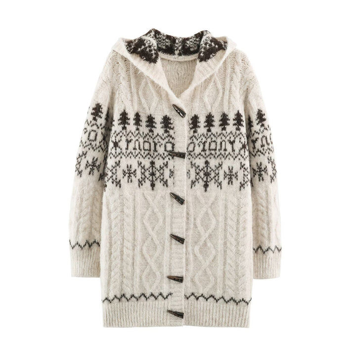 Women's Coarse Knit Hooded Cardigan with Horn Buttons and Norwegian Pattern Mune Fashion