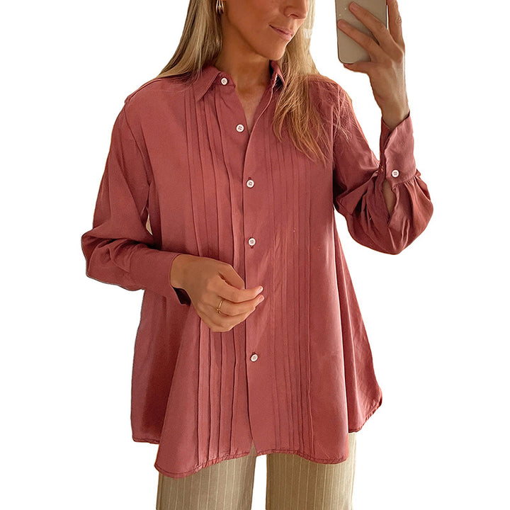 Women's Pleated Tunic Blouse with Shirt Collar and Loose A-Line Silhouette Mune Fashion