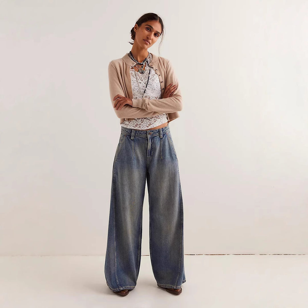 Ladies' extra wide high-waist palazzo jeans with a high waistband, drop crotch, and faded vintage look Mune Fashion