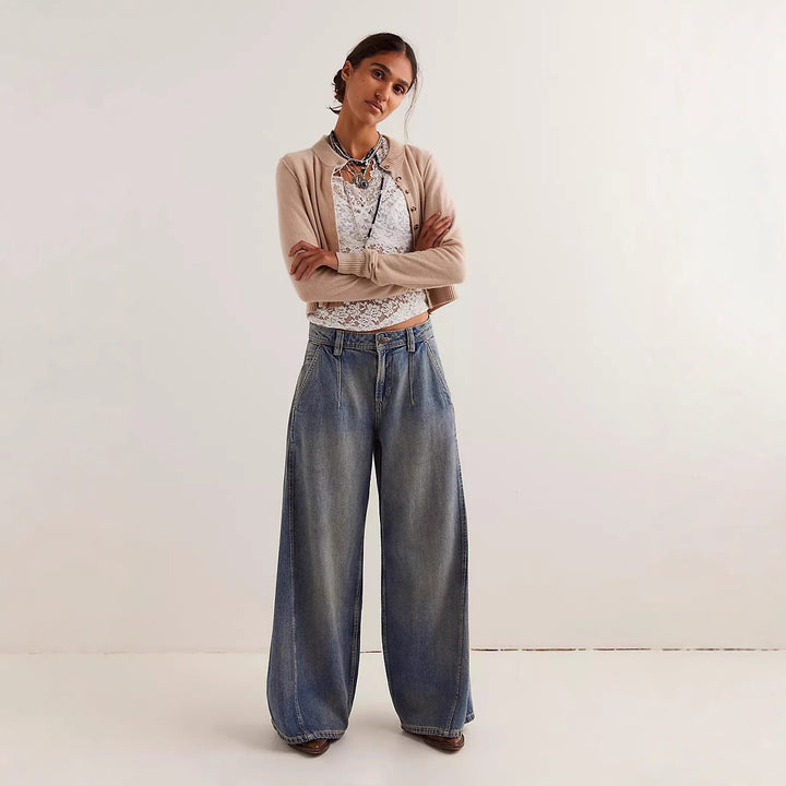 Ladies' extra wide high-waist palazzo jeans with a high waistband, drop crotch, and faded vintage look Mune Fashion