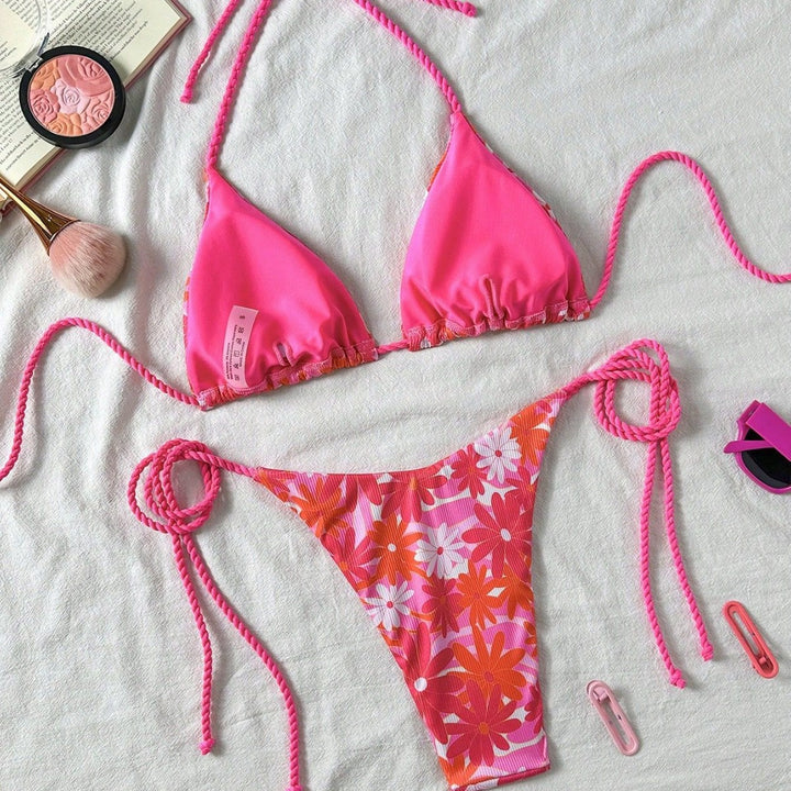 Women’s Floral Design Triangle Bikini with Side Tie Straps Mune Fashion