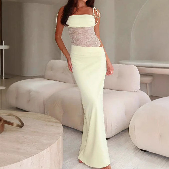 Women’s elegant max dress with transparent lace bodice, bandeau top, and tie straps Mune Fashion