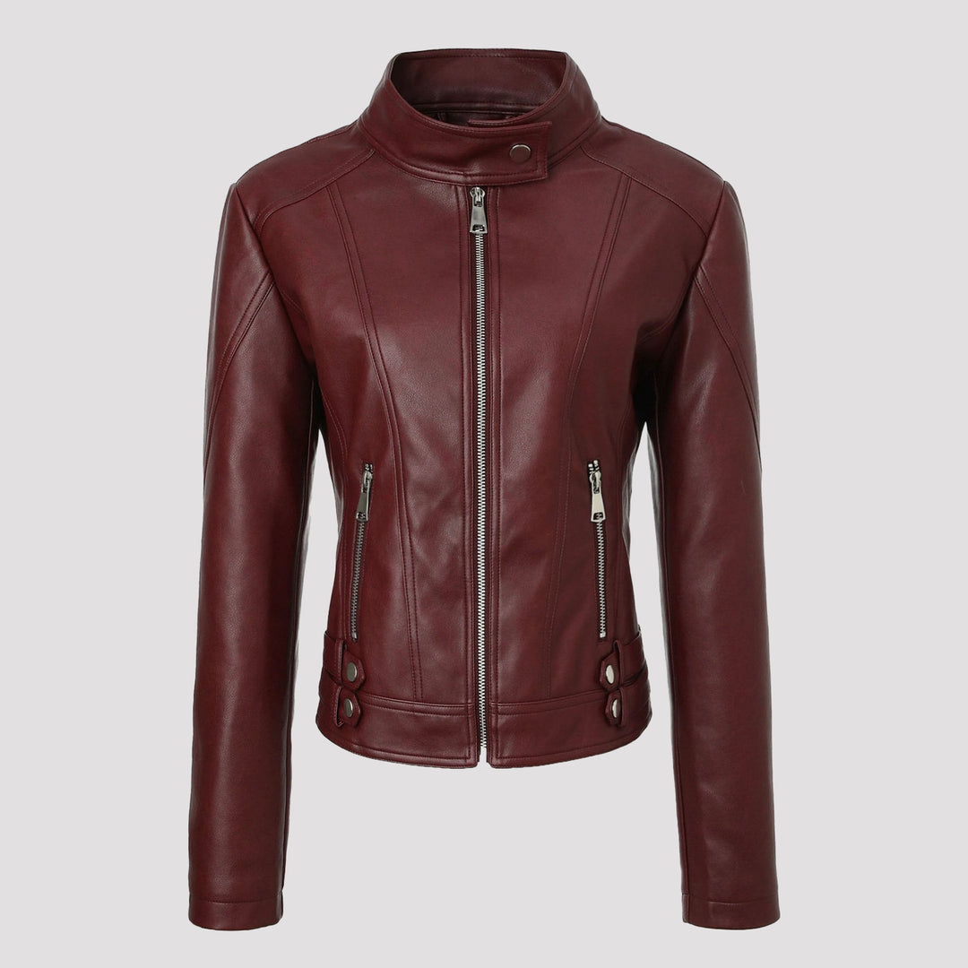 Women Fashionable Faux Leather Jacket with Stand-up Collar Mune Fashion