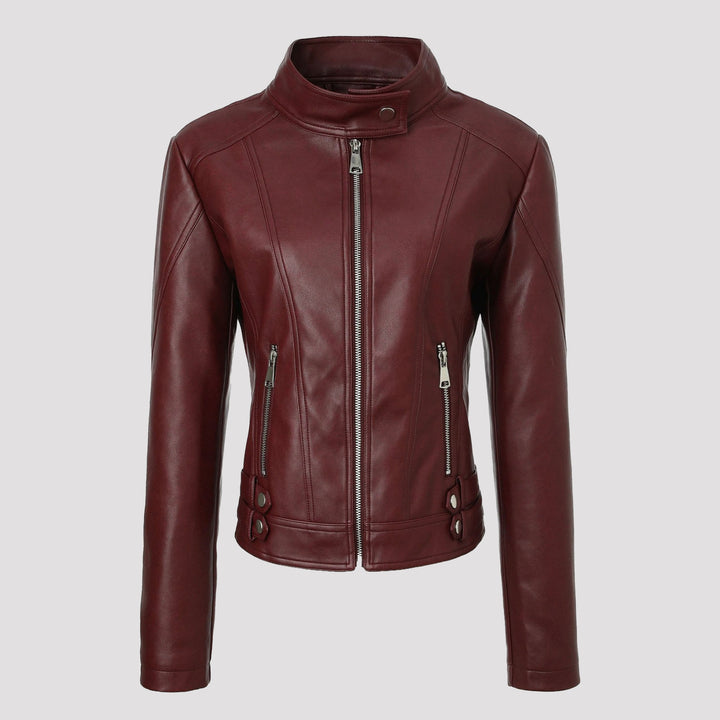 Women Fashionable Faux Leather Jacket with Stand-up Collar Mune Fashion