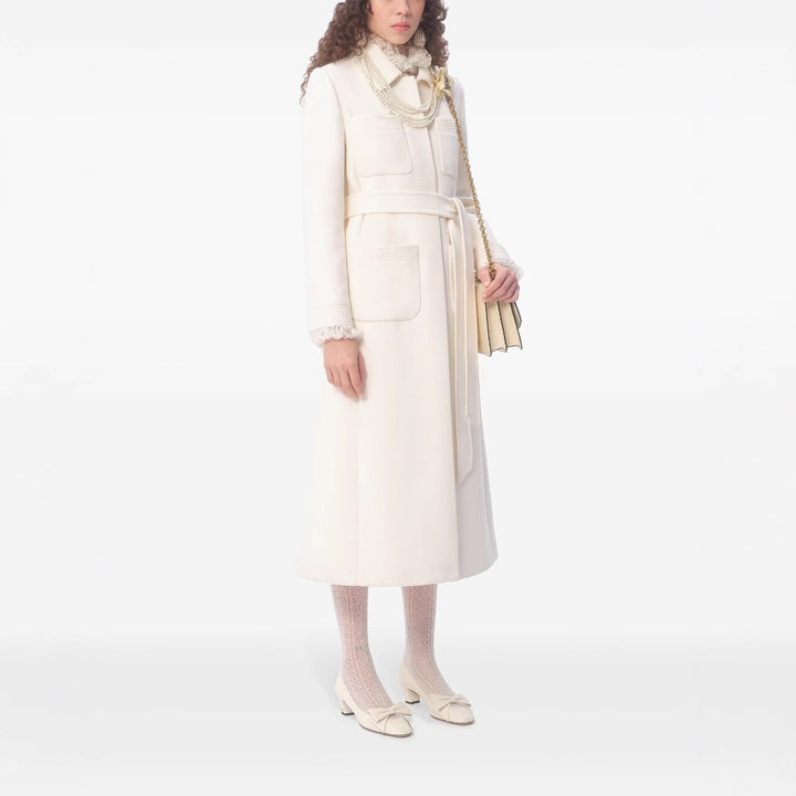 Women's longer tailored wool coat with tie belt and lace trim Mune Fashion