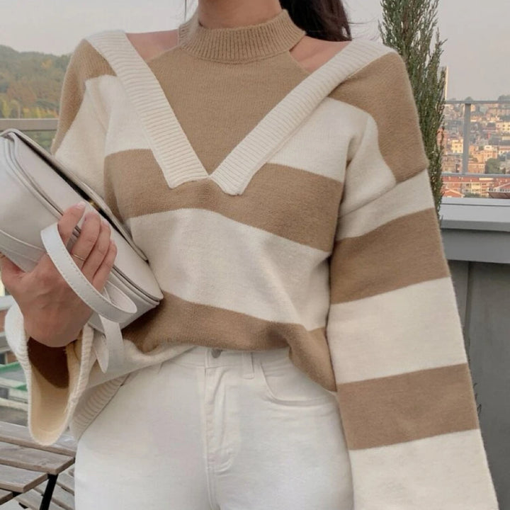 Women's Off-Shoulder Striped Knit Sweater with Cut-Out Shoulders and V-Inset Mune Fashion