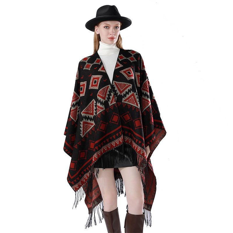 Women's Layered Hooded Overlay with Asymmetric Fringe Hem and Geometric Jacquard Mune Fashion