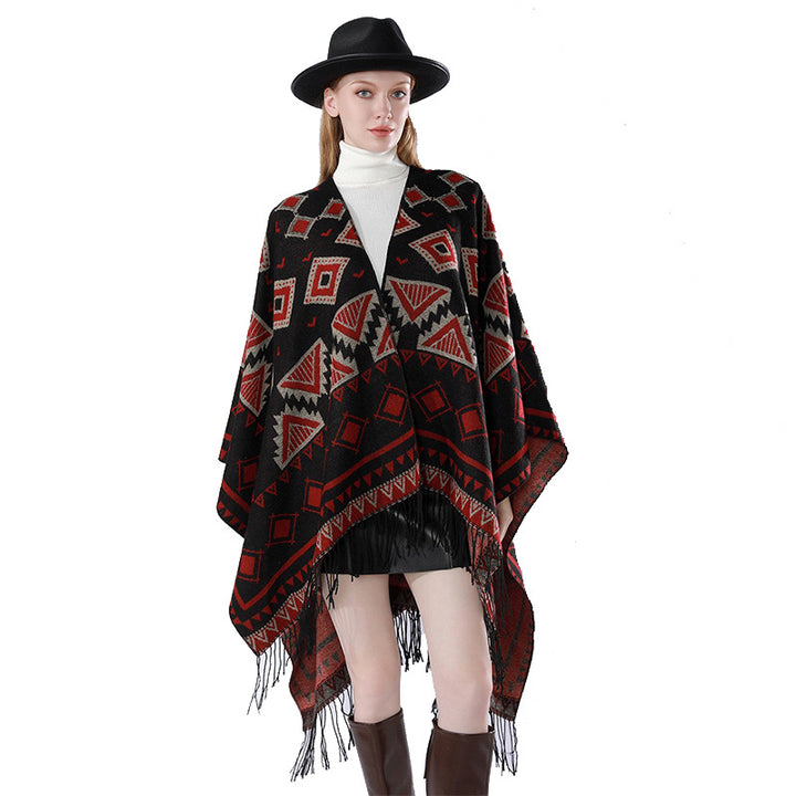 Women's Layered Hooded Overlay with Asymmetric Fringe Hem and Geometric Jacquard Mune Fashion