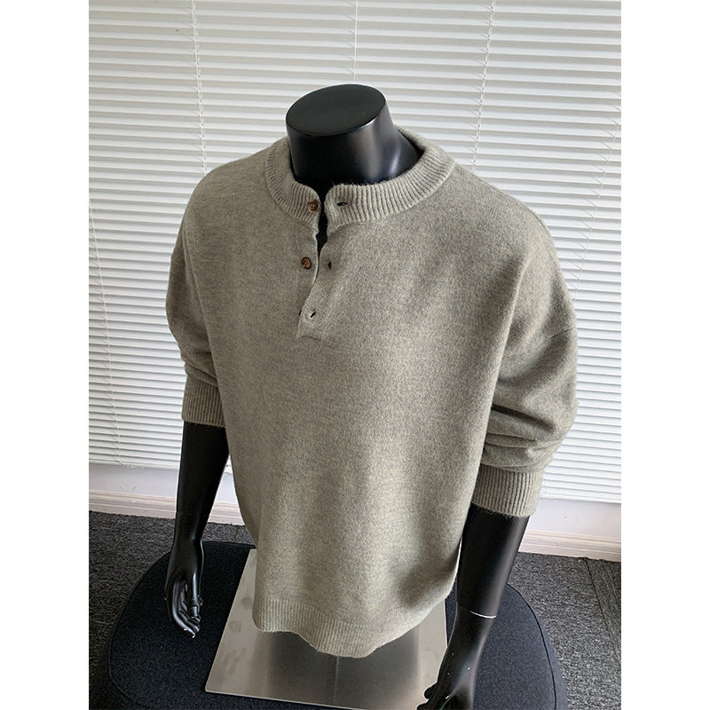 Men's Oversized Knit Sweater with Henley Collar and Half Button Placket Mune Fashion