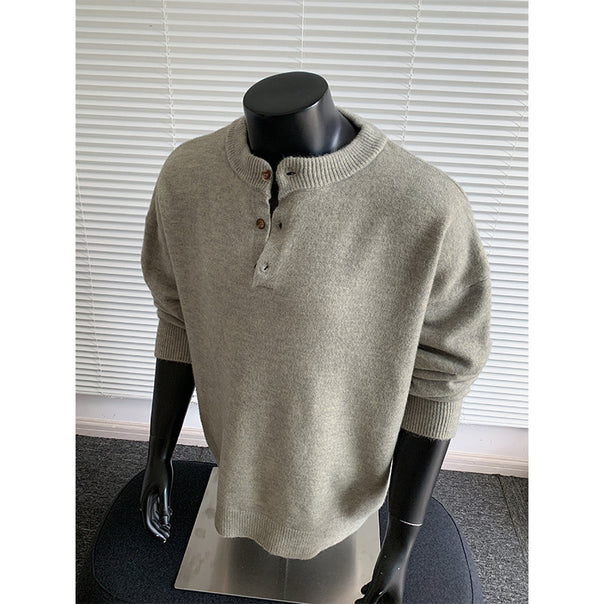 Men's Oversized Knit Sweater with Henley Collar and Half Button Placket Mune Fashion