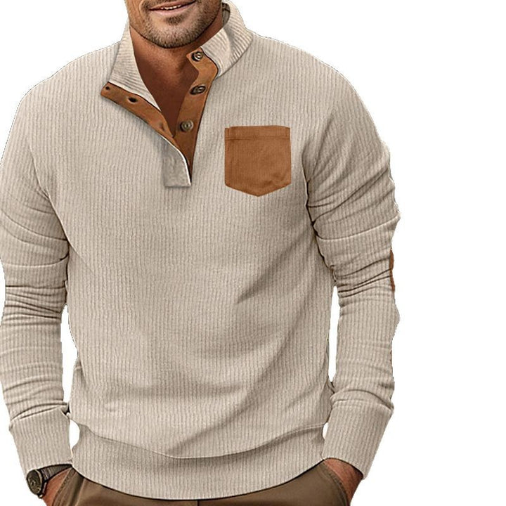 Men's structured half-button Troyer with Kent collar, chest pocket, and leather-look elbow patches Mune Fashion