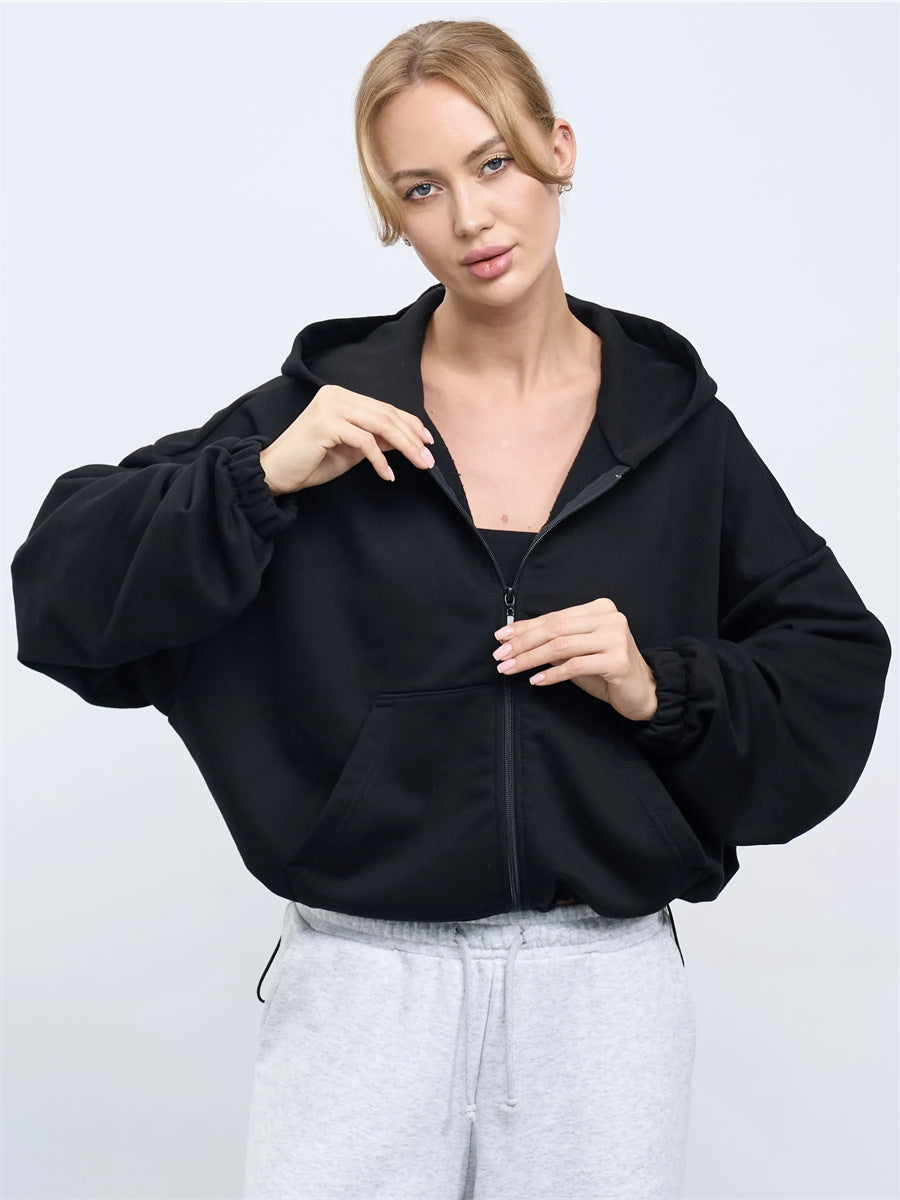 Women's casual cropped fleece hoodie with drawstring waistband, raglan sleeves and zip closure