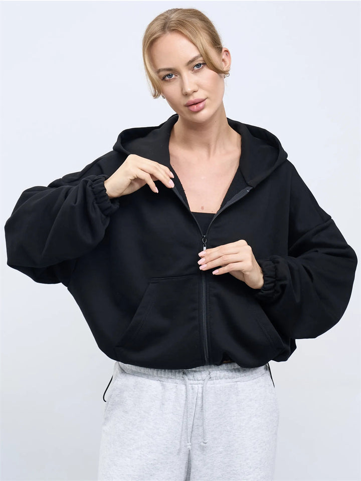 Women's casual cropped fleece hoodie with drawstring waistband, raglan sleeves and zip closure