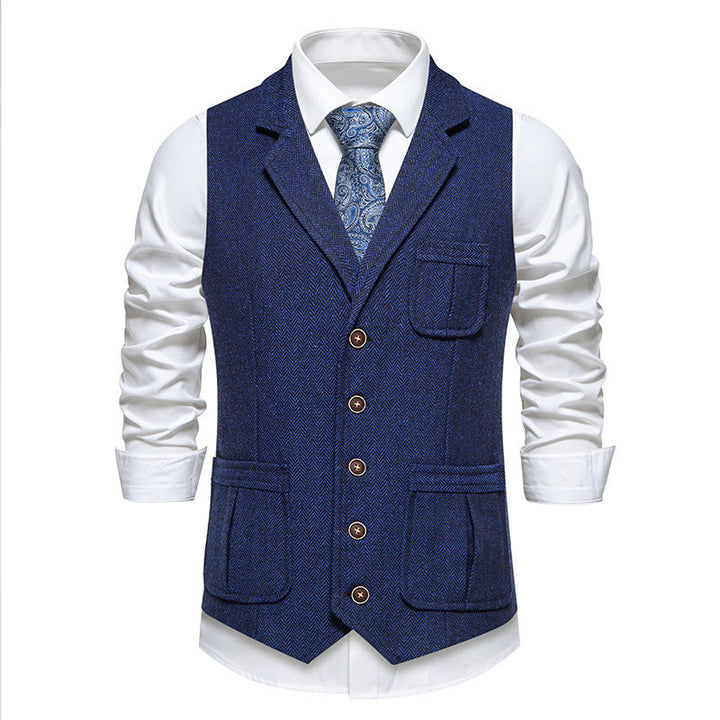 Men's Tweed Vest with Herringbone Pattern, Lapel Collar and Patch Pockets Mune Fashion
