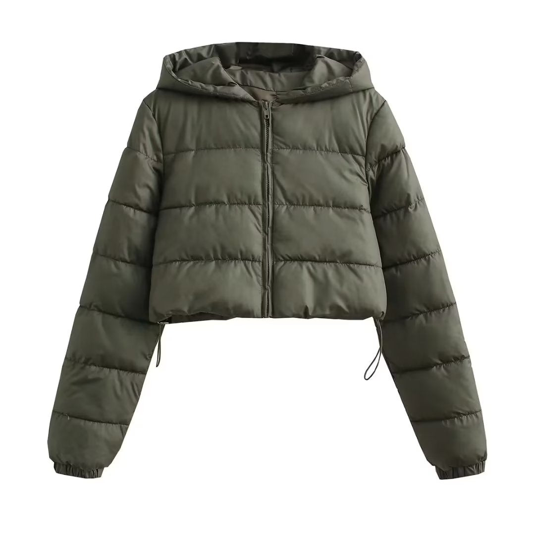 Ladies short quilted hooded jacket with drawstring, zipper and light padding Mune Fashion