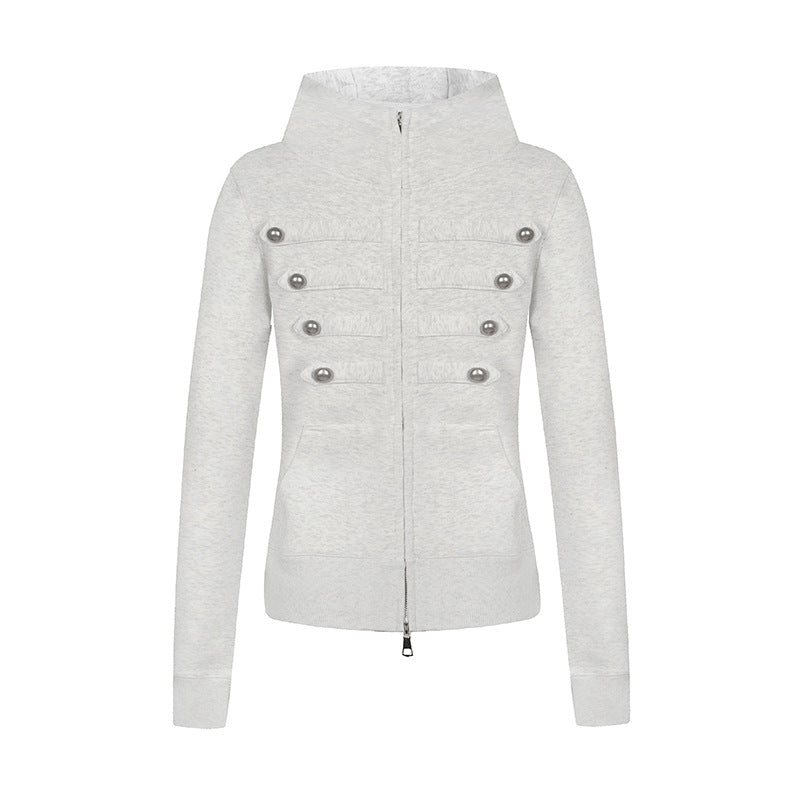 Ladies hooded sweatshirt jacket in military style with stand-up collar, decorative straps, and continuous zipper Mune Fashion