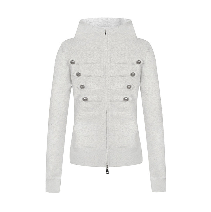 Ladies hooded sweatshirt jacket in military style with stand-up collar, decorative straps, and continuous zipper Mune Fashion
