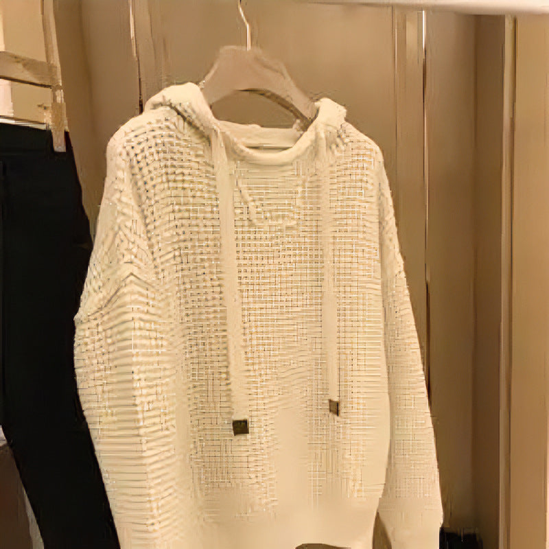 Women's coarse knitted hoodie with waffle texture and drawstring Mune Fashion