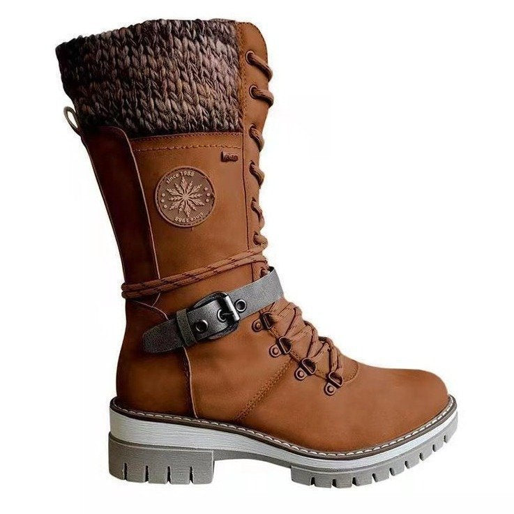 Women's knee-high lace-up boots with knit cuffs, sturdy tread sole, and side zipper Mune Fashion