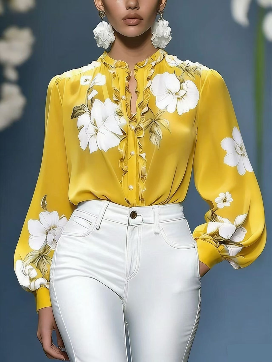 Women's silk blouse with ruffle trim and floral appliqué Mune Fashion