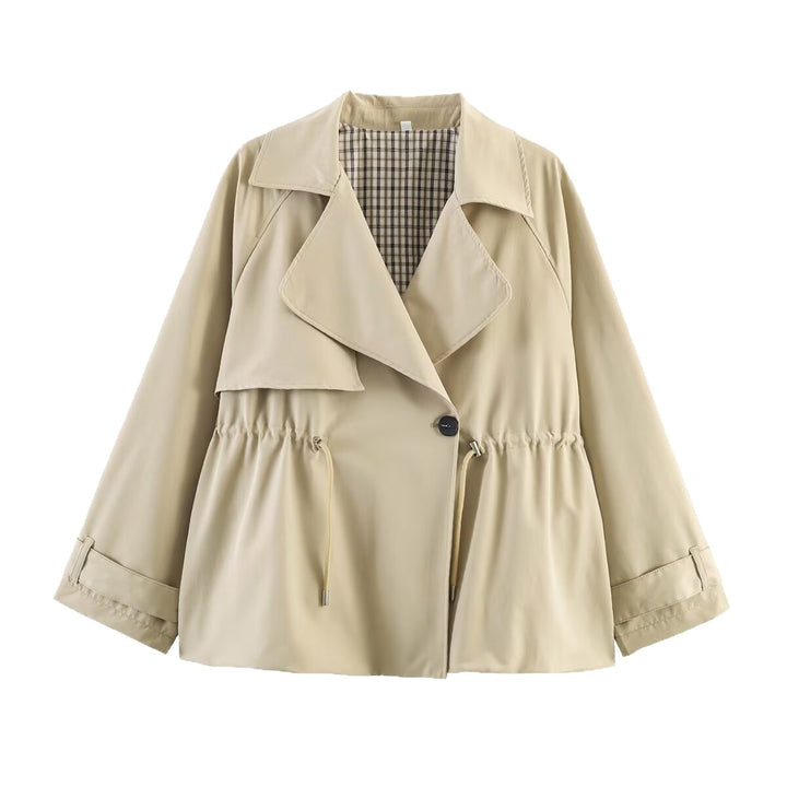 Women Short Transitional Jacket with Drawstring Waist, Wide Lapel and Checked Lining Mune Fashion