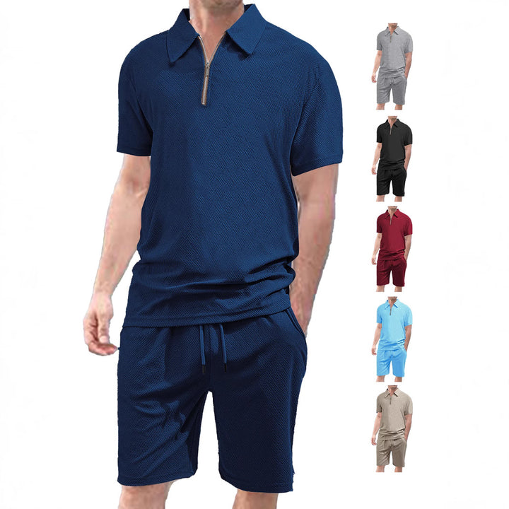 Men's comfortable short sleeve half zip set with polo collar and elastic cord pants made of textured knit Mune Fashion