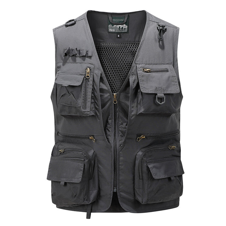 Men's multifunctional fishing vest with mesh lining, multiple zipper and flap pockets.