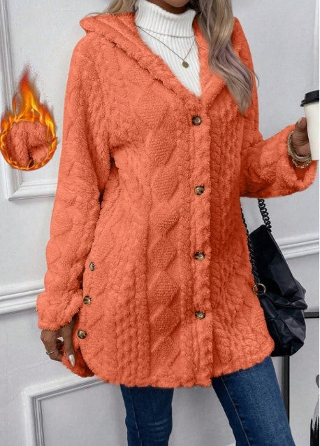 Women's hooded teddy coat with cable pattern, decorative buttons and warm fleece lining Mune Fashion