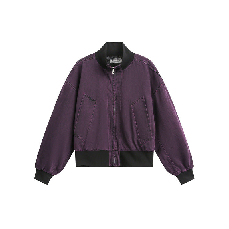Unisex Short Cut Satin Bomber in Boxy Cut with Contrasting Ribbed Collar and Balloon Sleeves Mune Fashion