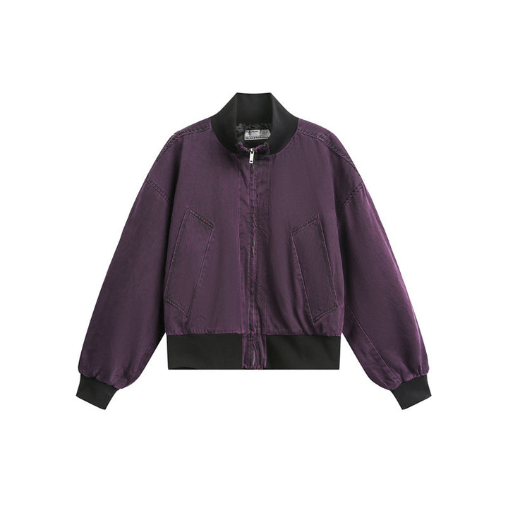Unisex Short Cut Satin Bomber in Boxy Cut with Contrasting Ribbed Collar and Balloon Sleeves Mune Fashion