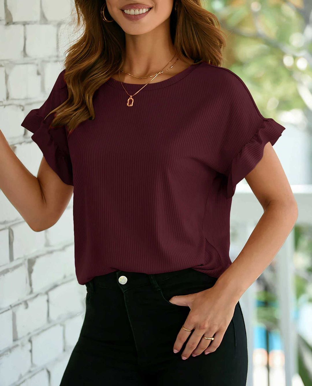 Women Ribbed Short Sleeve Top with Ruffle Sleeves and Round Neckline Drune