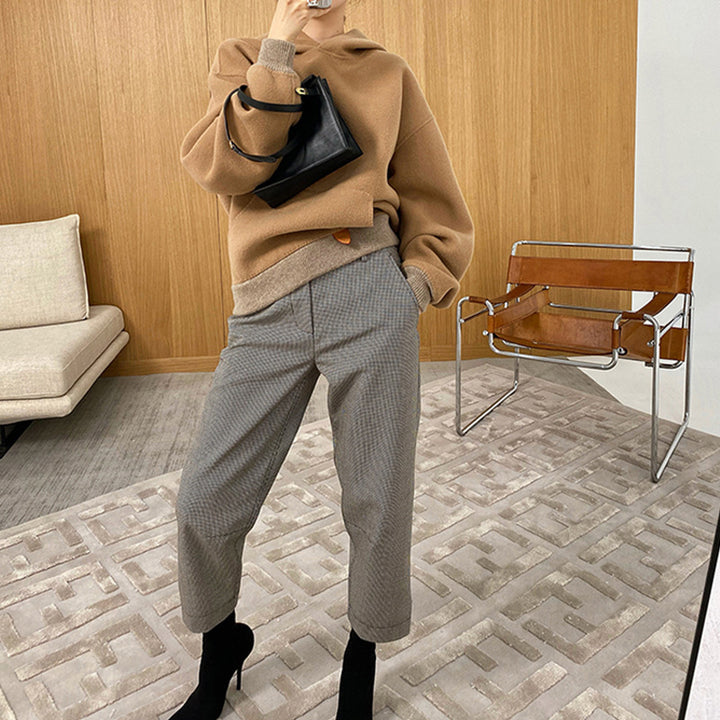 Women's Oversized Sweat Jacket with Hood and Modern Houndstooth Pattern Mune Fashion