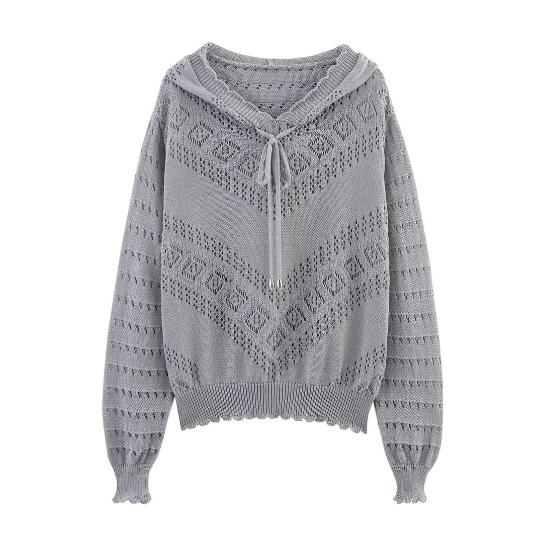 Women's hooded knitted pullover with openwork pattern, drawstring, and balloon sleeves Mune Fashion