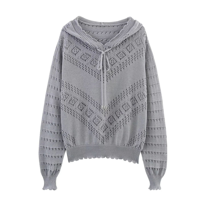 Women's hooded knitted pullover with openwork pattern, drawstring, and balloon sleeves Mune Fashion