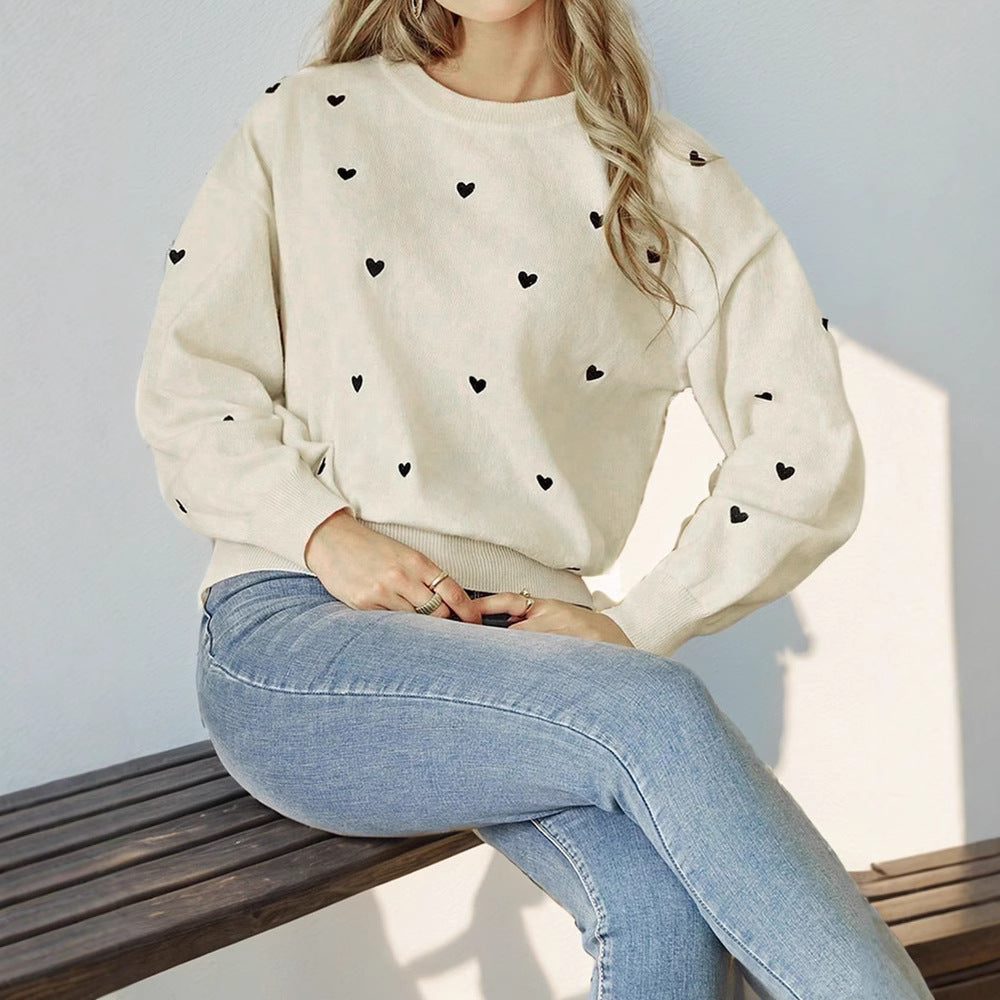 Women's Loose Fine Knit Sweater with Heart Allover, Round Neckline and Elastic Hem