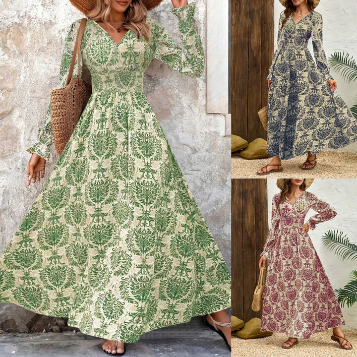 Ladies' feminine flowing maxi dress with V-neck, gathered smock waist area and ornamental all-over print