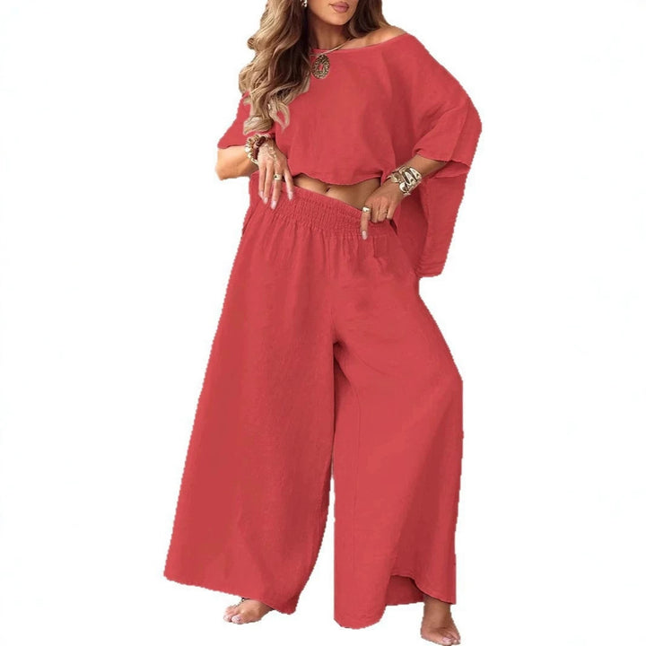 Women's Lightweight Linen Two-Piece with Cropped Oversized Top and Smocked Waist Palazzo Pants Mune Fashion