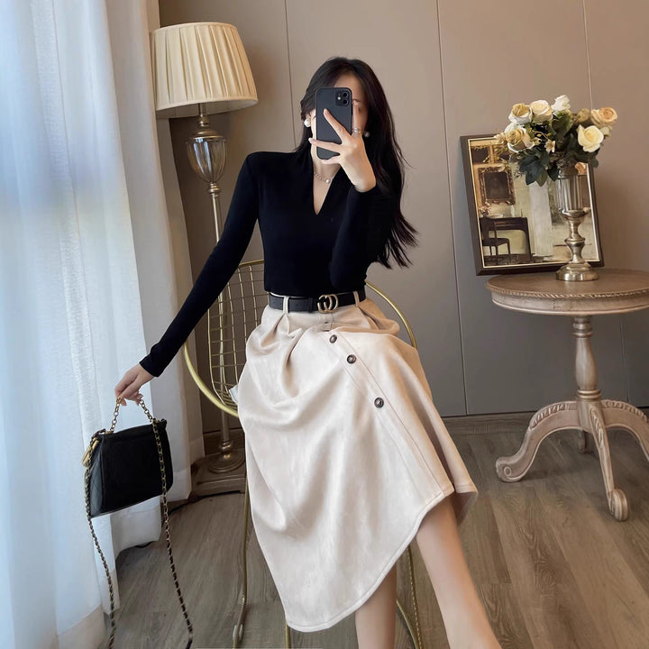 Ladies Elegant Midi Dress with Button Placket Mune Fashion