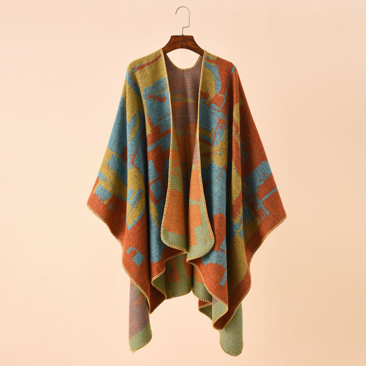 Women's oversized wrap robe made of wool blend with abstract jacquard and decorative stitch edge Mune Fashion